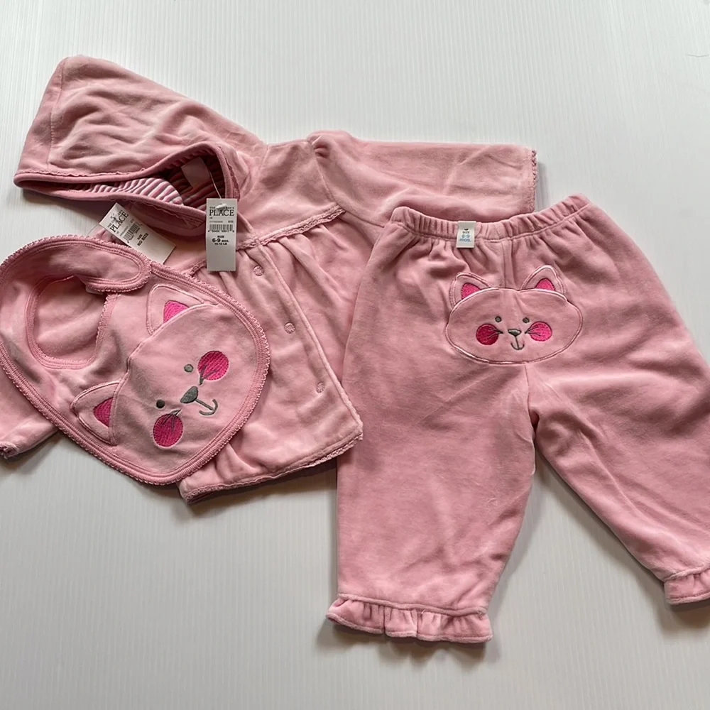 The Children’s place 3 piece set.  Pink Pants, Jacket & bib.  Size 6-9 months